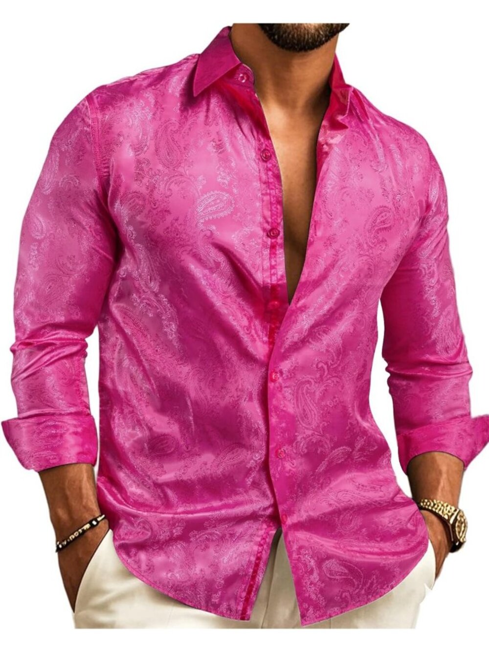 Stylish Men's Casual Long Sleeve Silk Button-Up Shirt - Paisley Dress Top